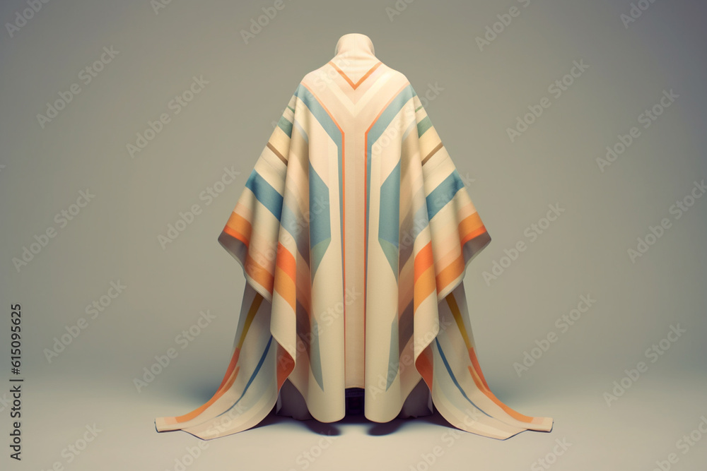 Poster a pastel-colored geometric-patterned cape worn by a king, featuring symmetrical designs and subtle p