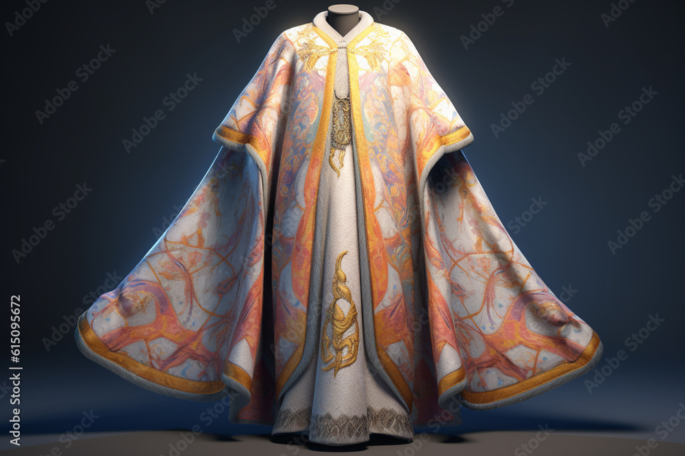 Poster a pastel-colored geometric-style king's gown with delicate patterns and symmetrical designs, exuding