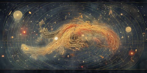 AI Generated. AI Generative. Vintage retro antoaue papper map of universe galaxy space astronomy. Stars cosmos adventure explore vibe. Graphic Art