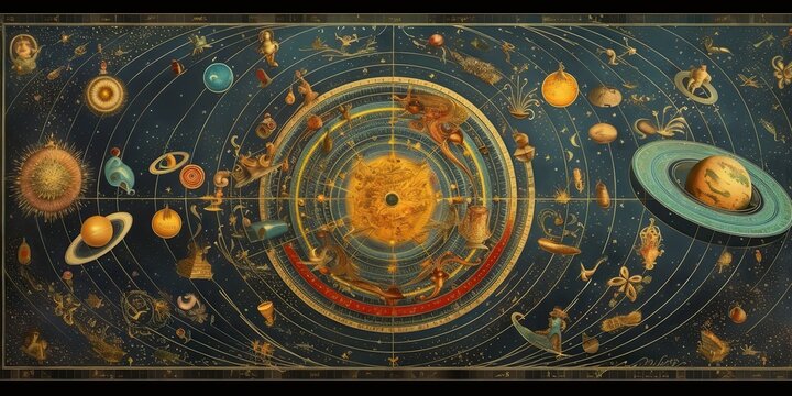 Fototapeta AI Generated. AI Generative. Vintage retro antoaue papper map of universe galaxy space astronomy. Stars cosmos adventure explore vibe. Graphic Art