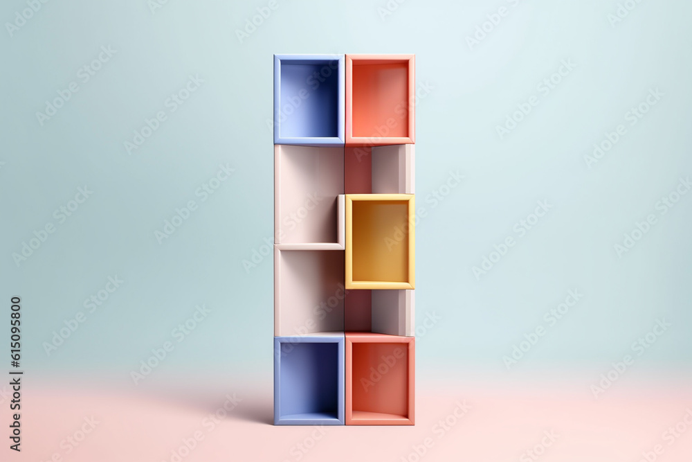 Aufkleber A pastel-colored geometric-inspired column shelving unit with angular compartments and pastel hues, providing storage in a visually appealing way.  Generative AI technology.