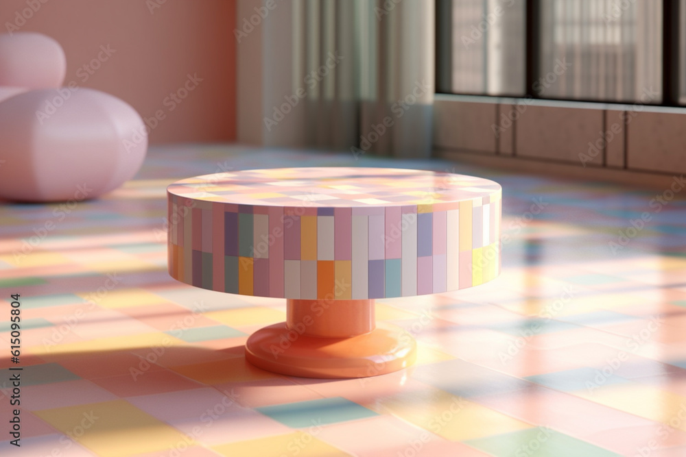 Poster a pastel-colored geometric-themed column coffee table with geometric patterns and soft pastel shades