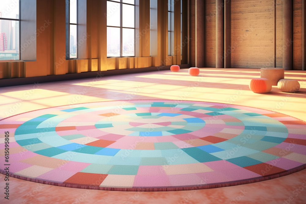 Aufkleber a pastel-colored geometric-themed column rug with intricate geometric motifs and soft pastel tones, 