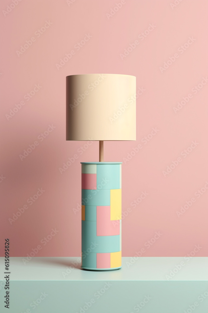 Aufkleber A pastel-colored geometric-inspired column table lamp with geometric patterns and soft pastel hues, providing both lighting and aesthetics.  Generative AI technology.