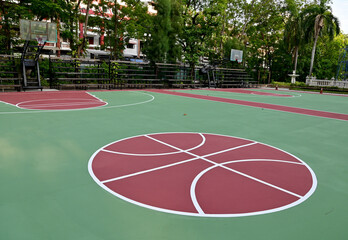 Naklejka premium Colorful Floor volleyball, futsal, basketball, badminton court with outdoor amphitheater in the school and universities. ourdoor sports concept.