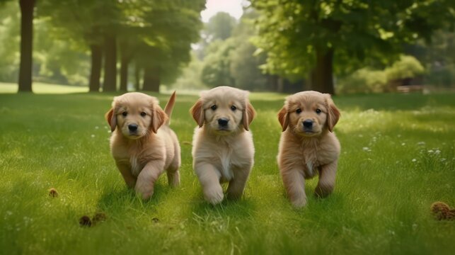 Golden puppies running in the jungle