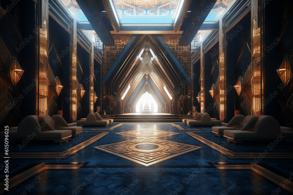 Aufkleber a geometric-inspired throne room with angular architecture and symmetrical designs, creating a visua
