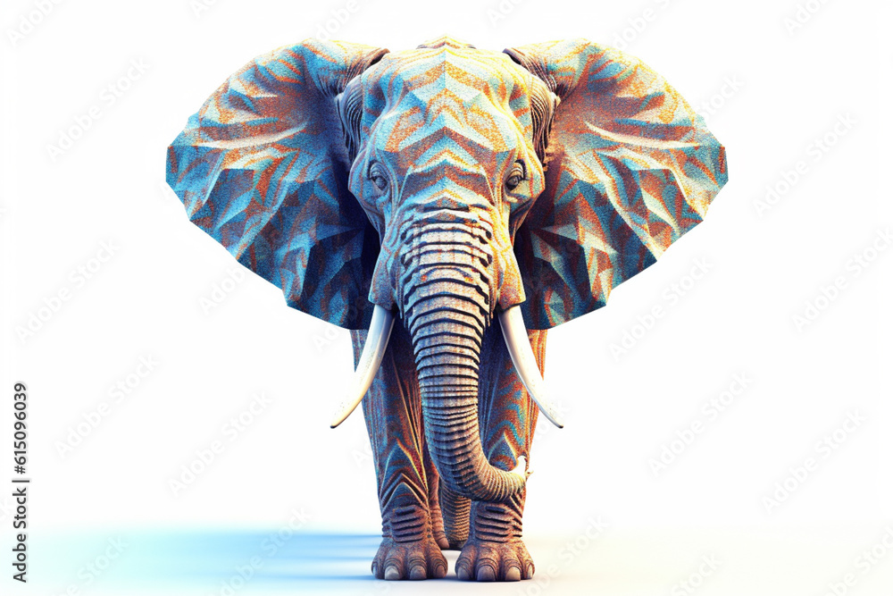 Poster a pastel-colored geometric-style elephant tapestry with symmetrical patterns and pastel hues, blendi