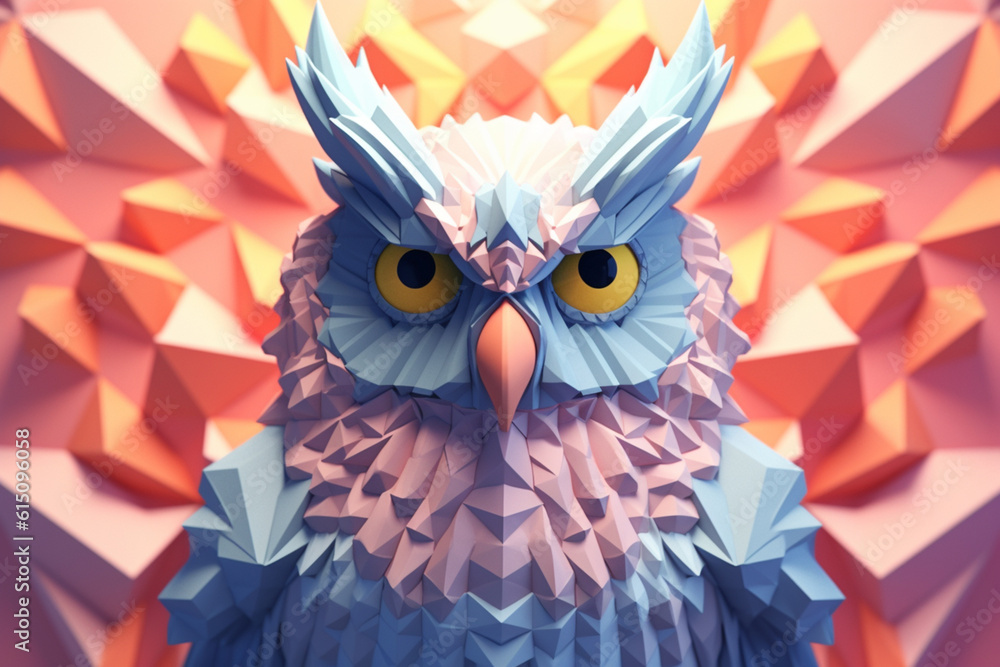 Poster a pastel-colored geometric-themed owl illustration with angular shapes and delicate pastel shades, c