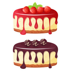 Strawberry and chocolate cheesecake decorated with berries and candies. Sweet pastries vector illustration.