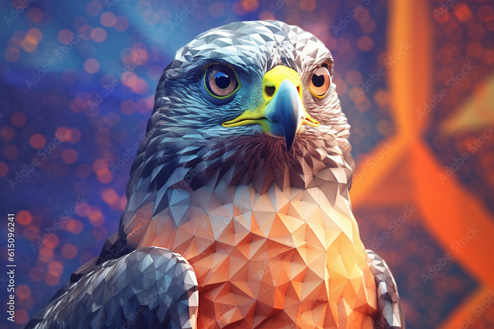 Poster a pastel-colored geometric-themed hawk illustration with angular shapes and delicate pastel shades, 