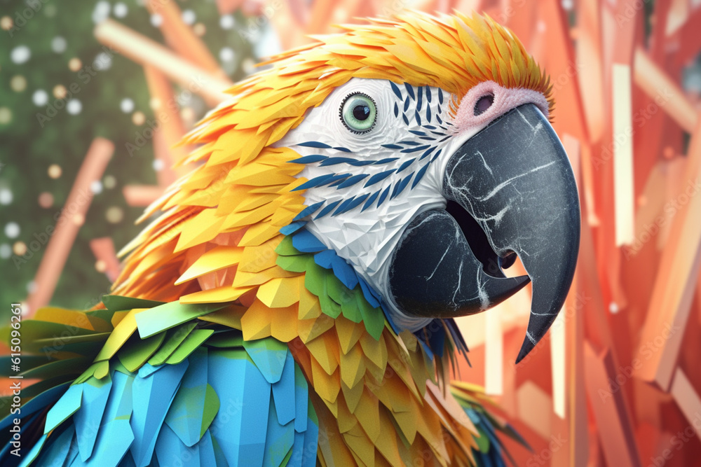 Aufkleber a pastel-colored geometric-themed macaw illustration with angular shapes and delicate pastel shades,