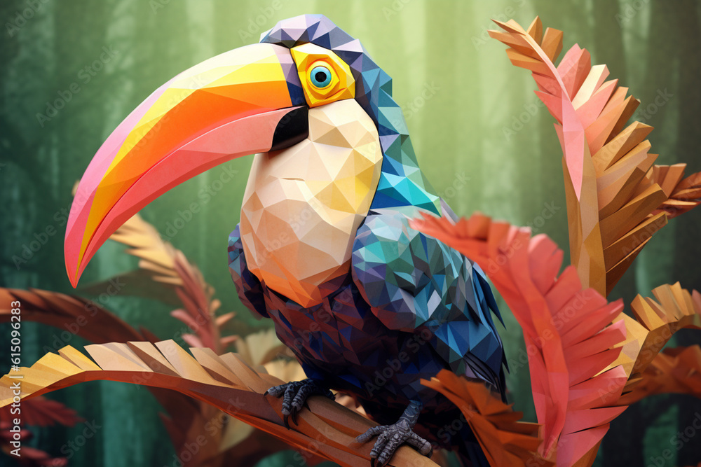 Aufkleber a pastel-colored geometric-themed toucan illustration with angular shapes and delicate pastel shades