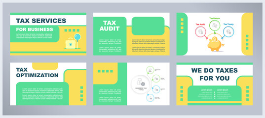 Tax services for business presentation templates set. Outsourced accounting. Bookkeeping. Corporate income. Ready made PPT slides on multicolor background. Graphic design. Arial font used