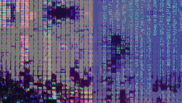Vertical video. Digital glitch. Color distortion. Artificial intelligence. Neon purple blue pink pixel noise data script text abstract art background.