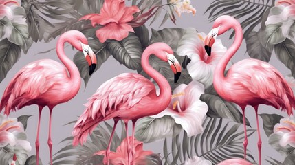 Naklejka premium pink flamingo and pink flower background