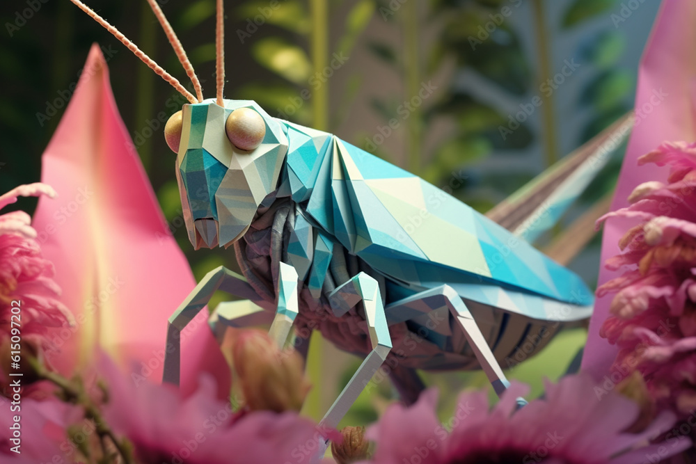 Poster a pastel-colored geometric-style grasshoppers artwork with intricate geometric shapes and soft paste
