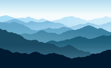 Fototapeta premium Vector horizontal panoramic landscape with blue silhouettes of misty mountains and hills