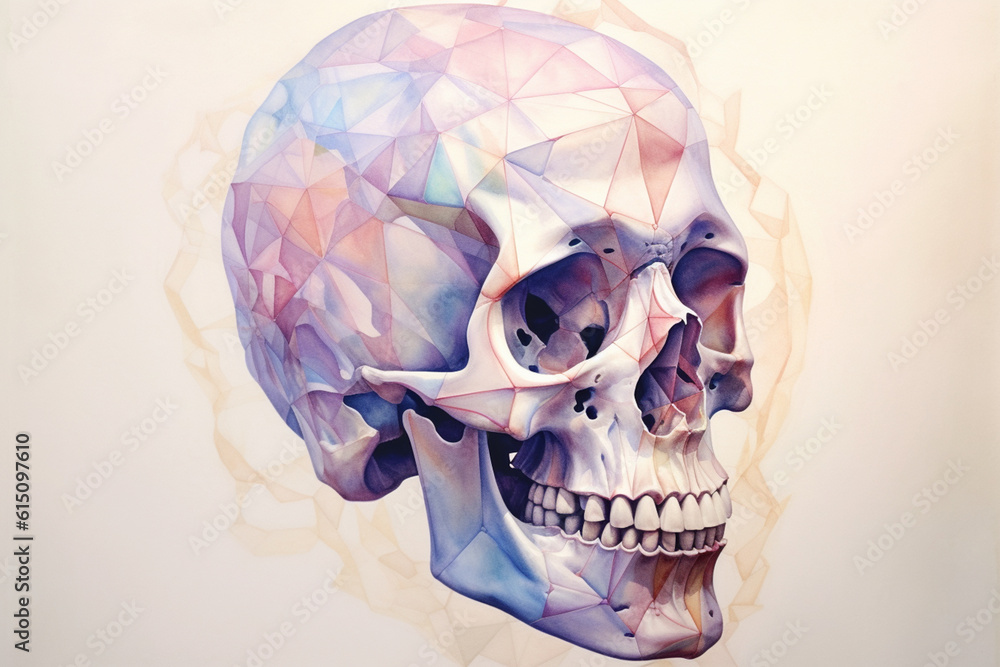Leinwandbilder a pastel-colored geometric-inspired skeleton watercolor painting with angular shapes and pastel grad