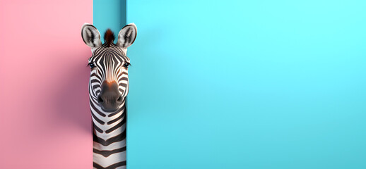 Creative animal concept. Zebra peeking over pastel bright background. advertisement, banner, card. copy text space. birthday party invite invitation