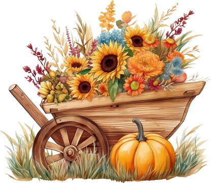 Wooden Wheelbarrow with Sunflower Clipart, Fall Wheelbarrows, Planter Clipart, Generative AI