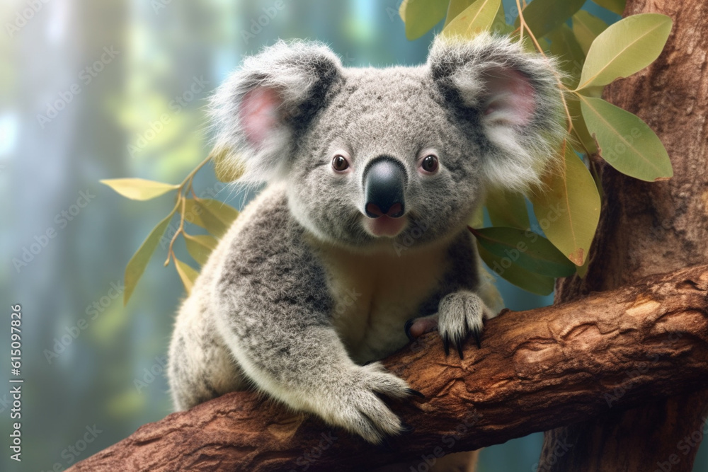 Poster a cute and cuddly koala perched on a tree branch, capturing its fluffy fur and laid-back nature. gen