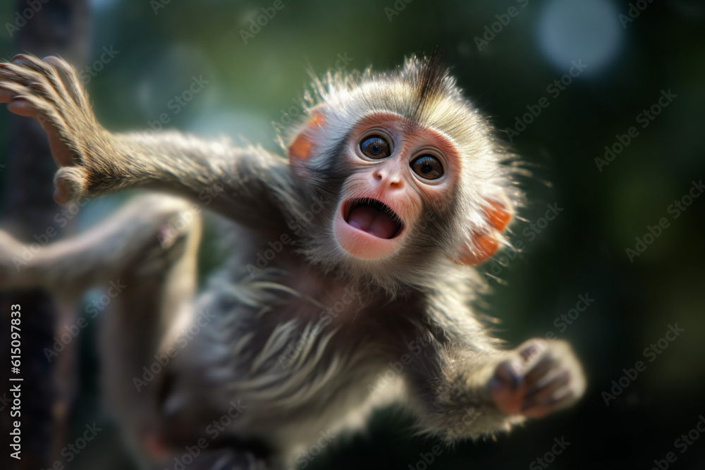 Poster  An image of a playful monkey, capturing its agile movements and expressive face. Generative AI technology.