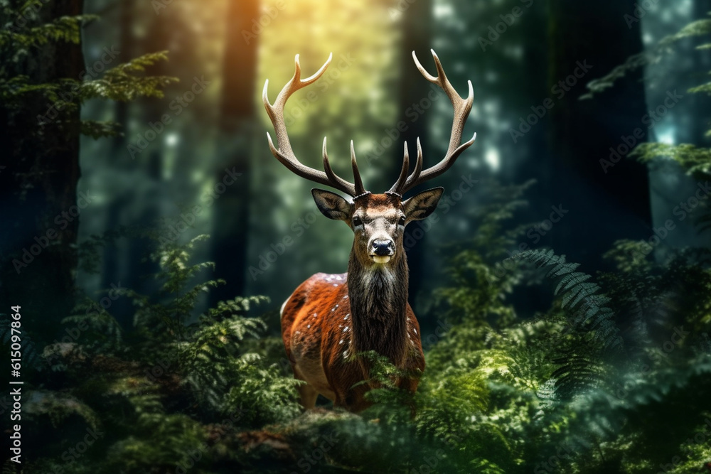 Poster a serene image of a deer in a forest, highlighting its graceful form and majestic antlers. generativ