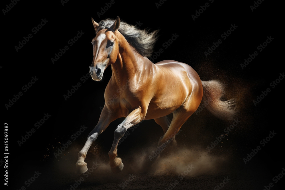 Poster   A majestic image of a horse in motion, displaying its strong and graceful physique.  Generative AI technology.