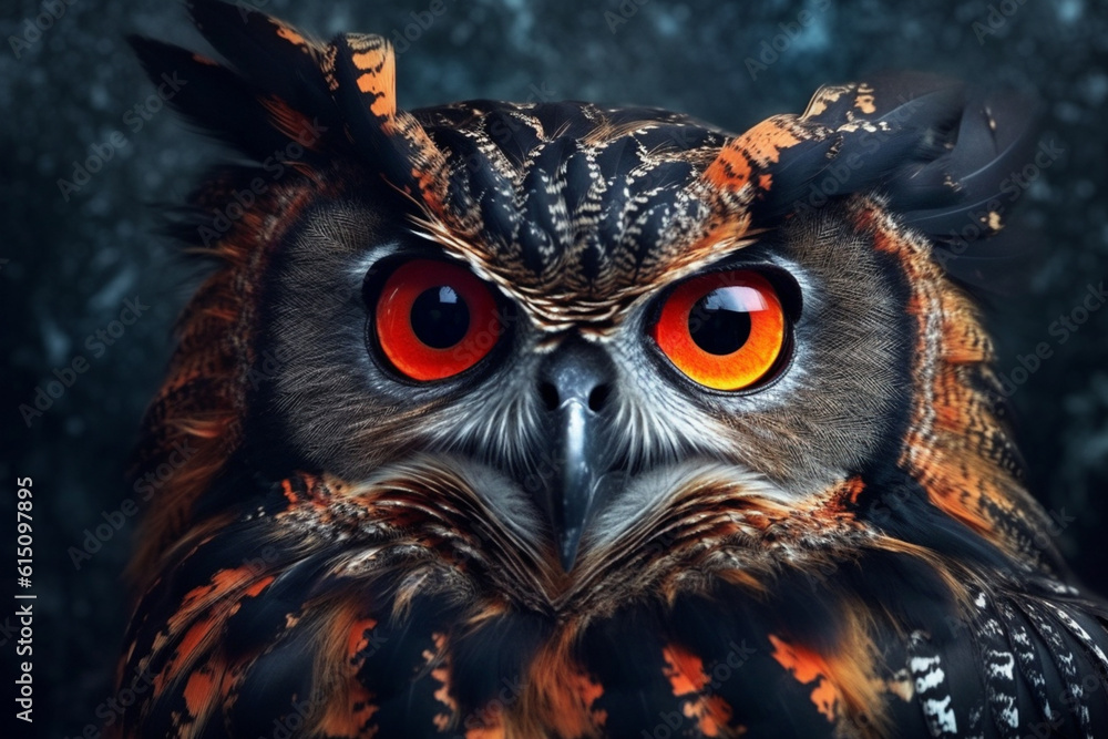Poster a mesmerizing photograph of an owl, showcasing its wise and enigmatic expression. generative ai tech