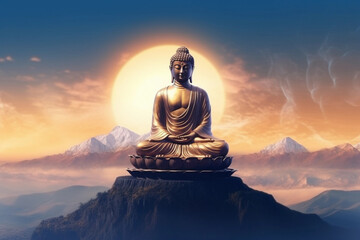 Fototapeta premium Buddha against the backdrop of mountains and the sun. Generative AI