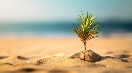 Fototapeta na wymiar a small palm tree sitting in the sand beach