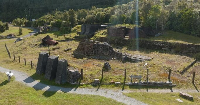 Aerial: Brunner Mine historical coal mine, Greymouth, New Zealand