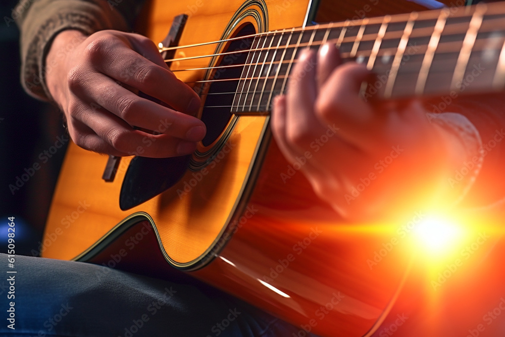 Poster a close-up of a musician's hands playing a guitar or piano, capturing the passion and skill involved