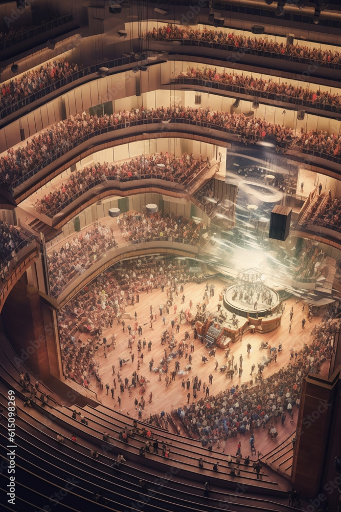 Aufkleber a concert hall filled with people, captured from a bird's-eye view, illustrating the shared experien