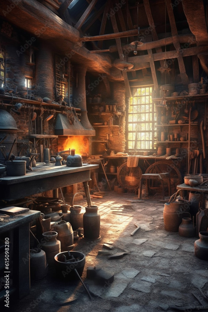 Poster An image of a traditional blacksmith workshop with various tools and equipment neatly arranged, showcasing the rich history and tradition of blacksmithing.  Generative AI technology.