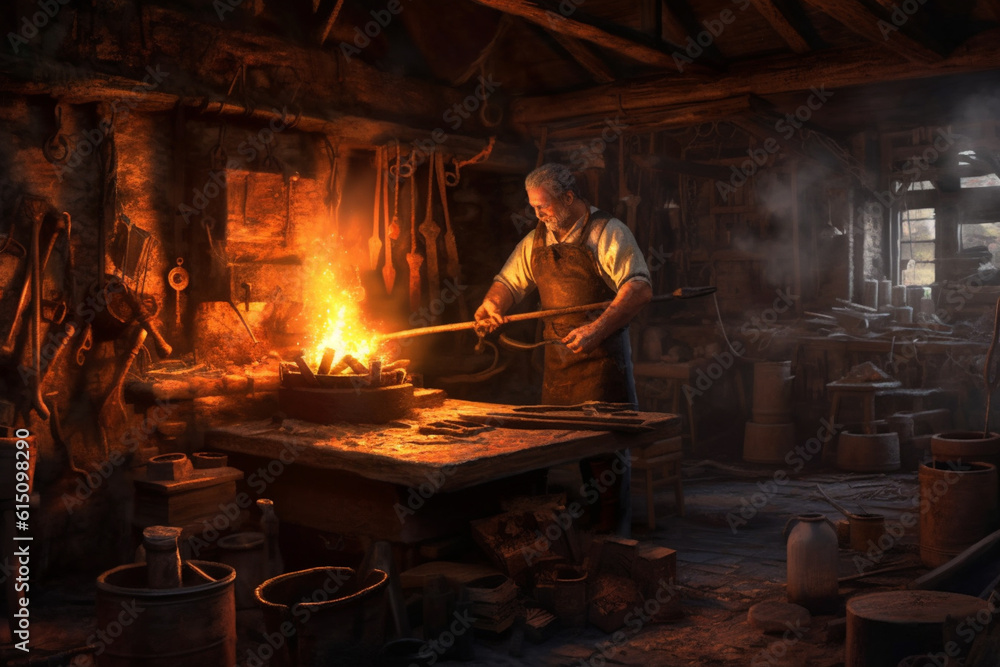 Aufkleber  A blacksmith using a coal forge to heat up the metal, emphasizing the traditional and time-honored methods employed in the craft.  Generative AI technology.