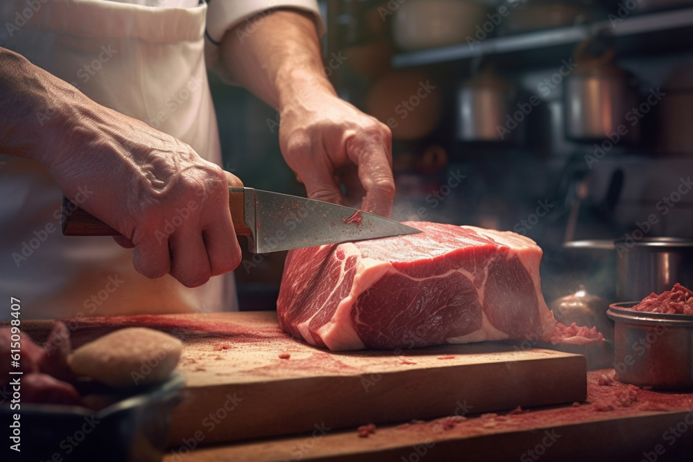 Poster  A butcher sharpening a large meat cleaver, highlighting the importance of sharp tools in the trade.  Generative AI technology.