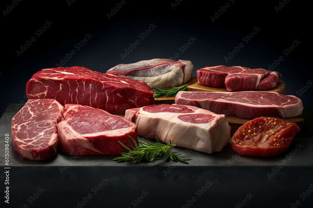 Poster an assortment of freshly cut and trimmed steaks, showcasing the high-quality cuts available at a but