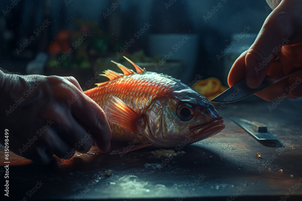 Poster  An image of a butcher's hands skillfully deboning a fish, illustrating the expertise and versatility of a professional butcher in handling seafood.  Generative AI technology.