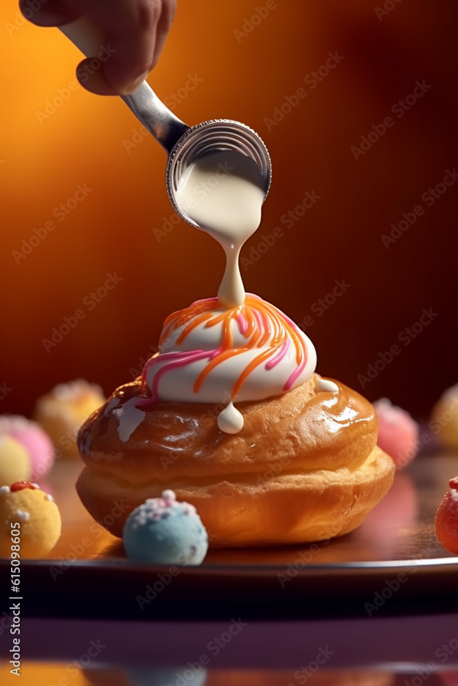 Aufkleber an image of a confectioner piping cream filling into freshly baked éclairs or cream puffs, illustrat
