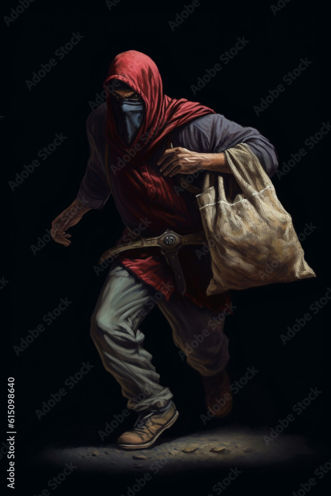 Aufkleber an illustration of a bandit sneaking through the shadows with a bag of stolen loot, depicting the ad