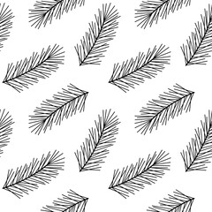 Seamless pattern with coniferous twigs. Linear vector illustration of fir branch. Black and white spruce background. - obrazy, fototapety, plakaty