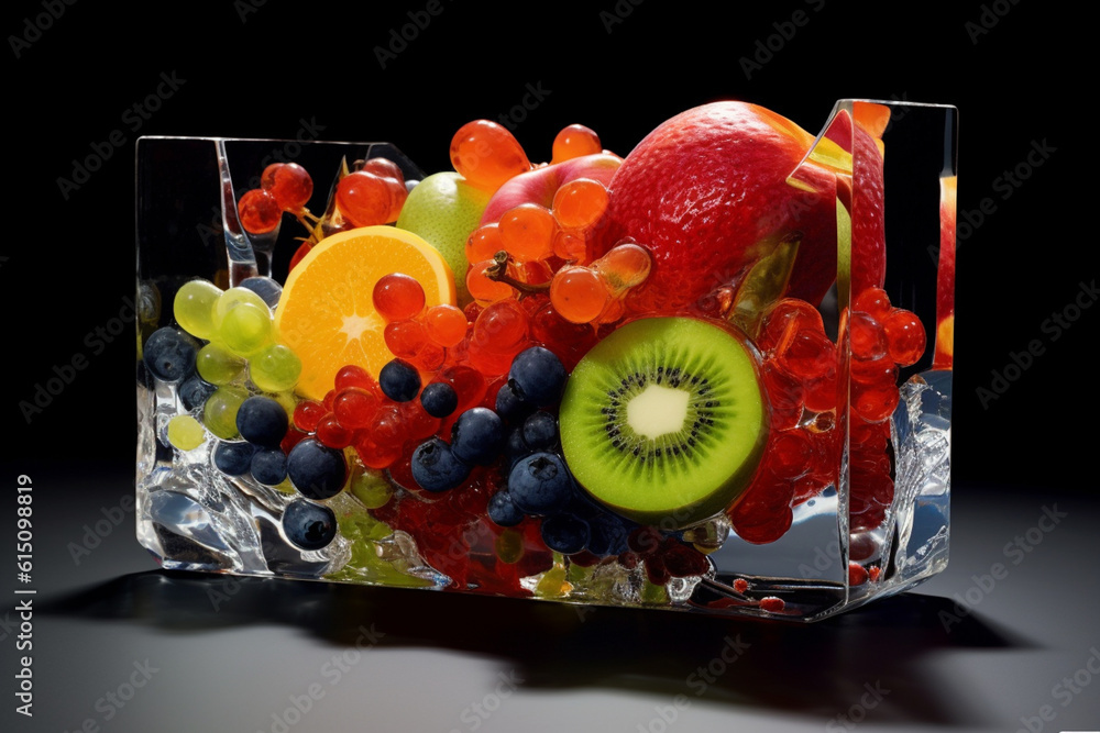 Poster an abstract sculpture made of glass or acrylic, featuring organic, fruit-like forms with abstract te