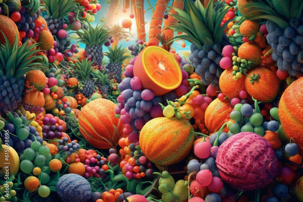 Aufkleber a digital illustration portraying an abstract fruit garden, with various fruits represented by whims