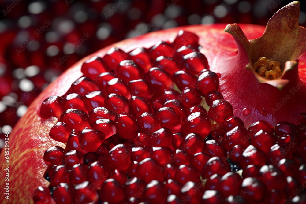 Aufkleber  A close-up photograph of a sliced pomegranate, showcasing its ruby-red arils and the intricate pattern they form.  Generative AI technology.