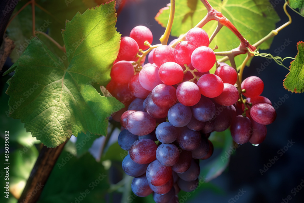 Poster  An image of a bunch of red grapes on a vine, with the leaves surrounding them, creating a natural and organic composition. Generative AI technology.