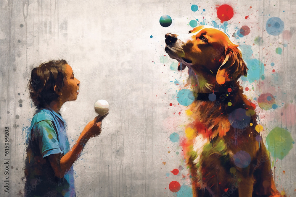 Poster  A mixed media artwork combining collage elements and abstract brushstrokes to depict a pet trainer teaching commands to dogs.  Generative AI technology.