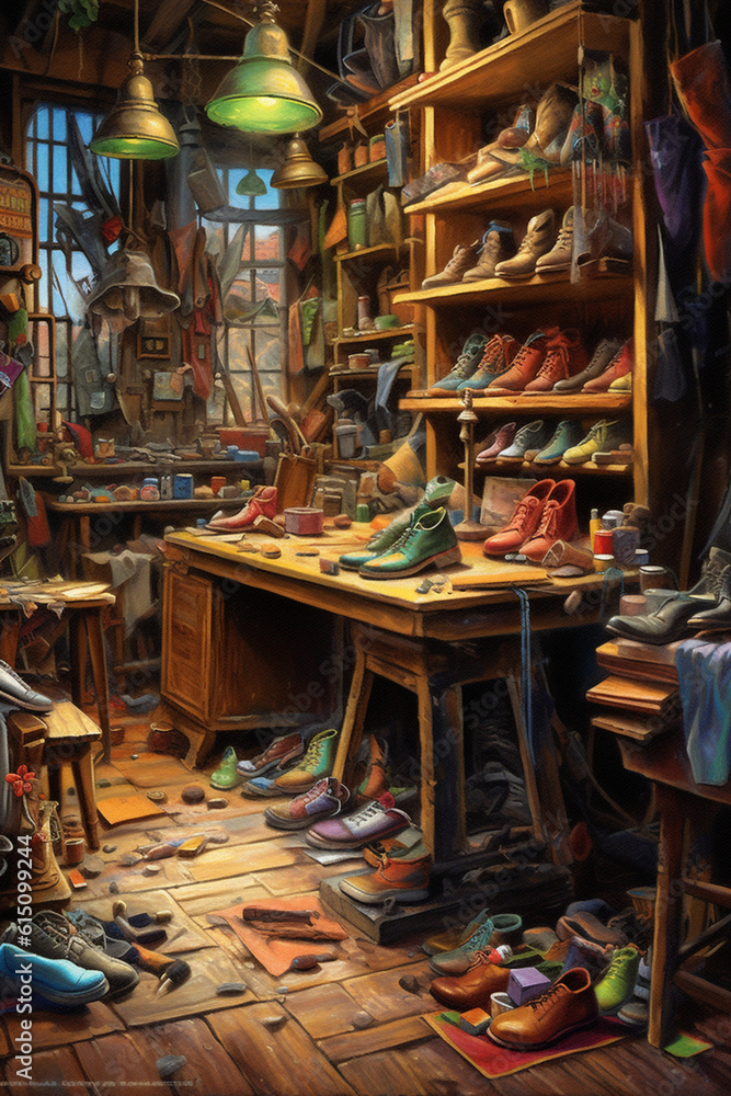 Poster an abstract painting depicting a shoemaker's workshop with vibrant colors and bold brushstrokes, cap