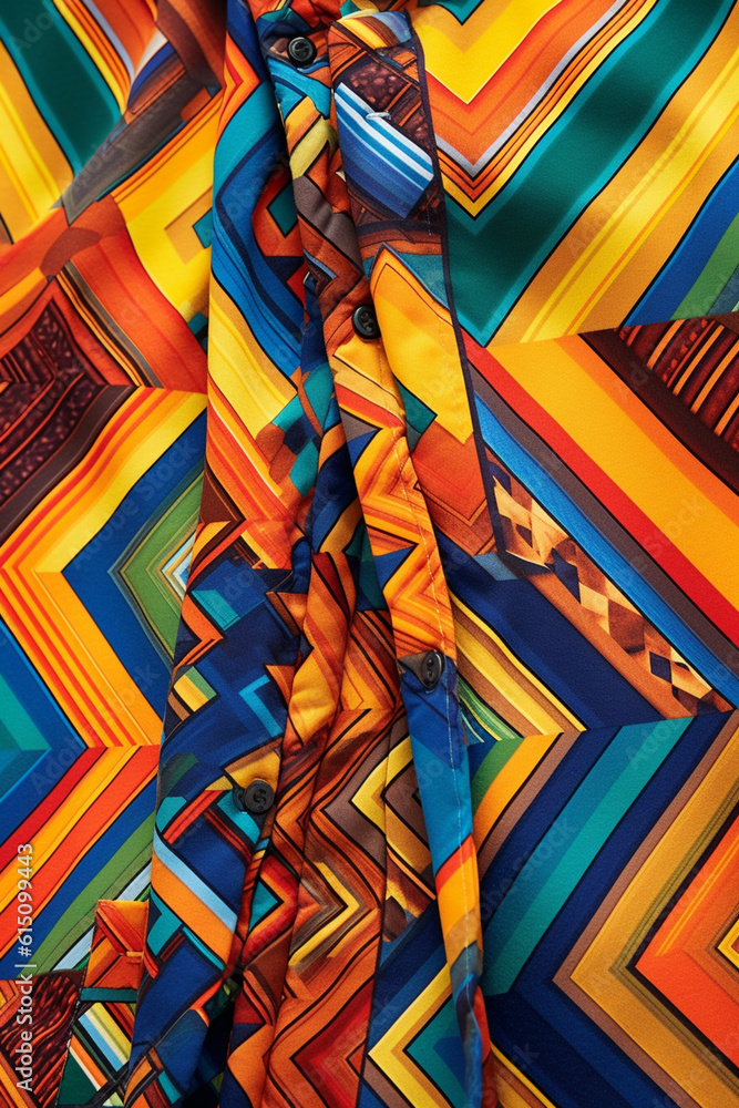 Poster  A series of abstract geometric textile prints for men's clothing, featuring repetitive patterns and angular motifs,  Generative AI technology.